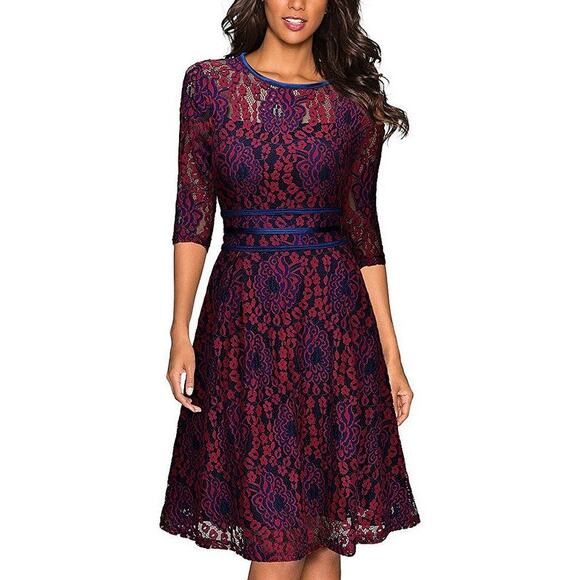 MIUSOL Maroon Navy 3/4 Lace Fit and Flare Dress // S - Picture 1 of 15